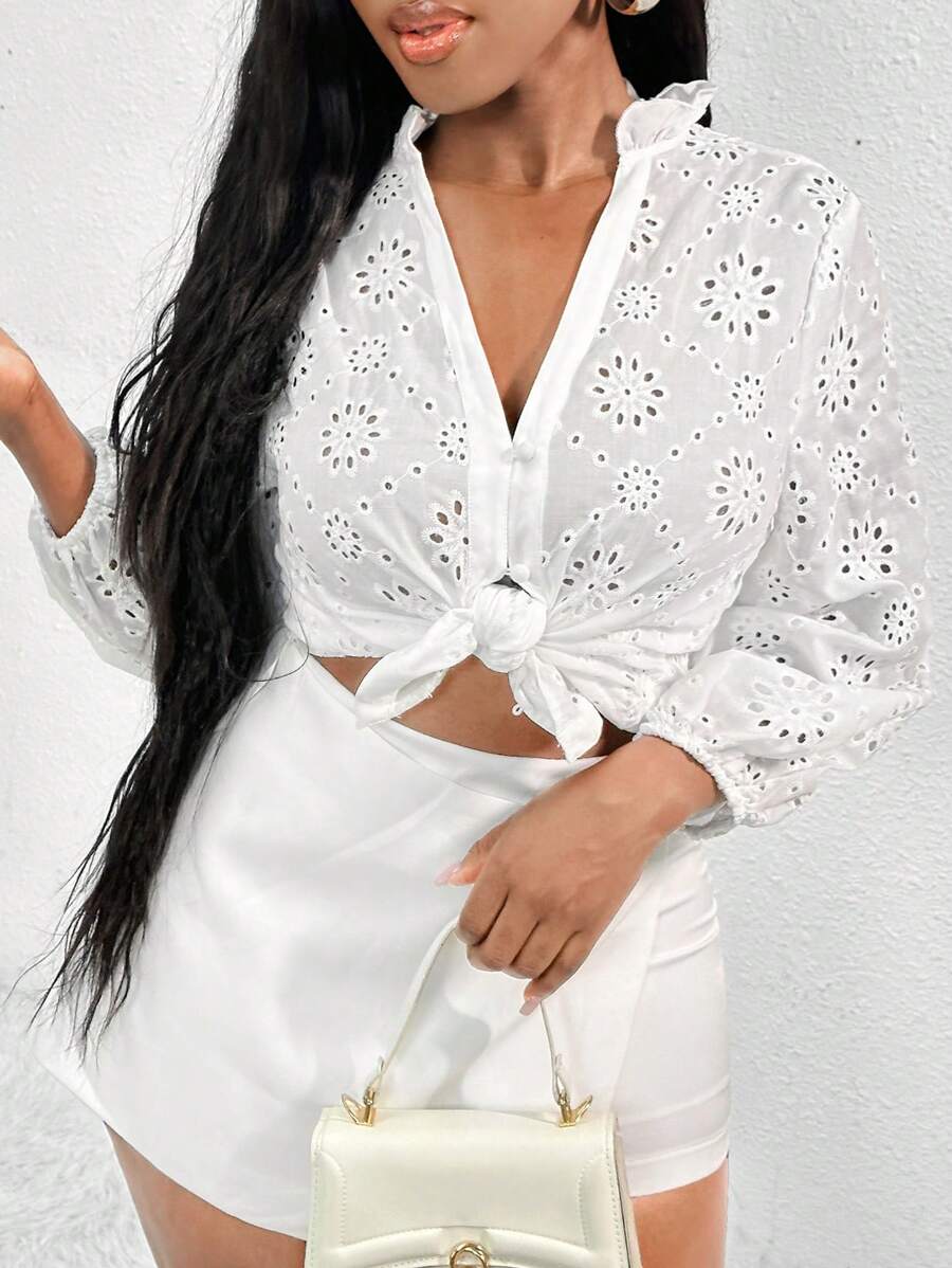 SHEIN SXY 女式假日休閒純色中空刺繡燈笼袖襯衫 - 藍白色 - 查看 1
