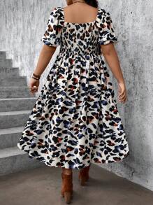 SHEIN VCAY Plus Size Vacation Puff Sleeve Square Neck Leopard Print Dress - Multicolor - View 2