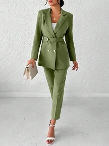 EURMUSE Women's Solid Color Notched Collar Double-Breasted Long Sleeve Fashion Suit Set - Dark Green - View 5