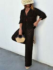 RueChic 2pcs/Set String Drawstring Deep V-Neck Hollow Sheer Cover Up Top And Pants, For Summer Beach Vacation - Black - View 3