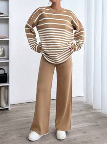 EURMUSE Woman Striped Crew Neck Casual Comfy Warm Sweater Pants Co-Ords - Camel - View 4