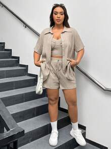 SHEIN EZwear Plus Size Áo Vest Màu Trơn + Hàng Trước Áo Sơ Mi Tay Ngắn + Thắt Nút Quần Short Bộ Ba Món Thường Ngày Mùa Hè - Màu be - Xem 6