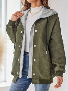 EMERY ROSE Women Color Blocking Simple Daily Long Sleeve Hooded Jacket - Army Green - View 4