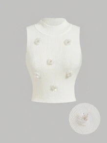SHEIN MOD Gilet en tricot blanc pour femmes avec col montant et décoration de fleurs 3D. Idéal pour la rentrée scolaire, le style vintage, les enterrements de vie de jeune fille, l'esprit "old money", l'automne, Halloween, le premier jour d'école, les brunchs, l'homecoming, et les sorties. - Blanc - Voir 1