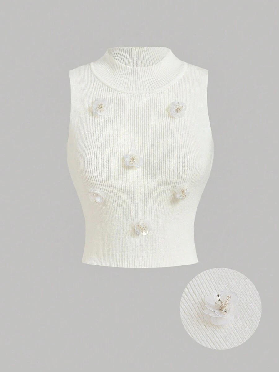 SHEIN MOD Gilet en tricot blanc pour femmes avec col montant et décoration de fleurs 3D. Idéal pour la rentrée scolaire, le style vintage, les enterrements de vie de jeune fille, l'esprit "old money", l'automne, Halloween, le premier jour d'école, les brunchs, l'homecoming, et les sorties. - Blanc - Voir 1