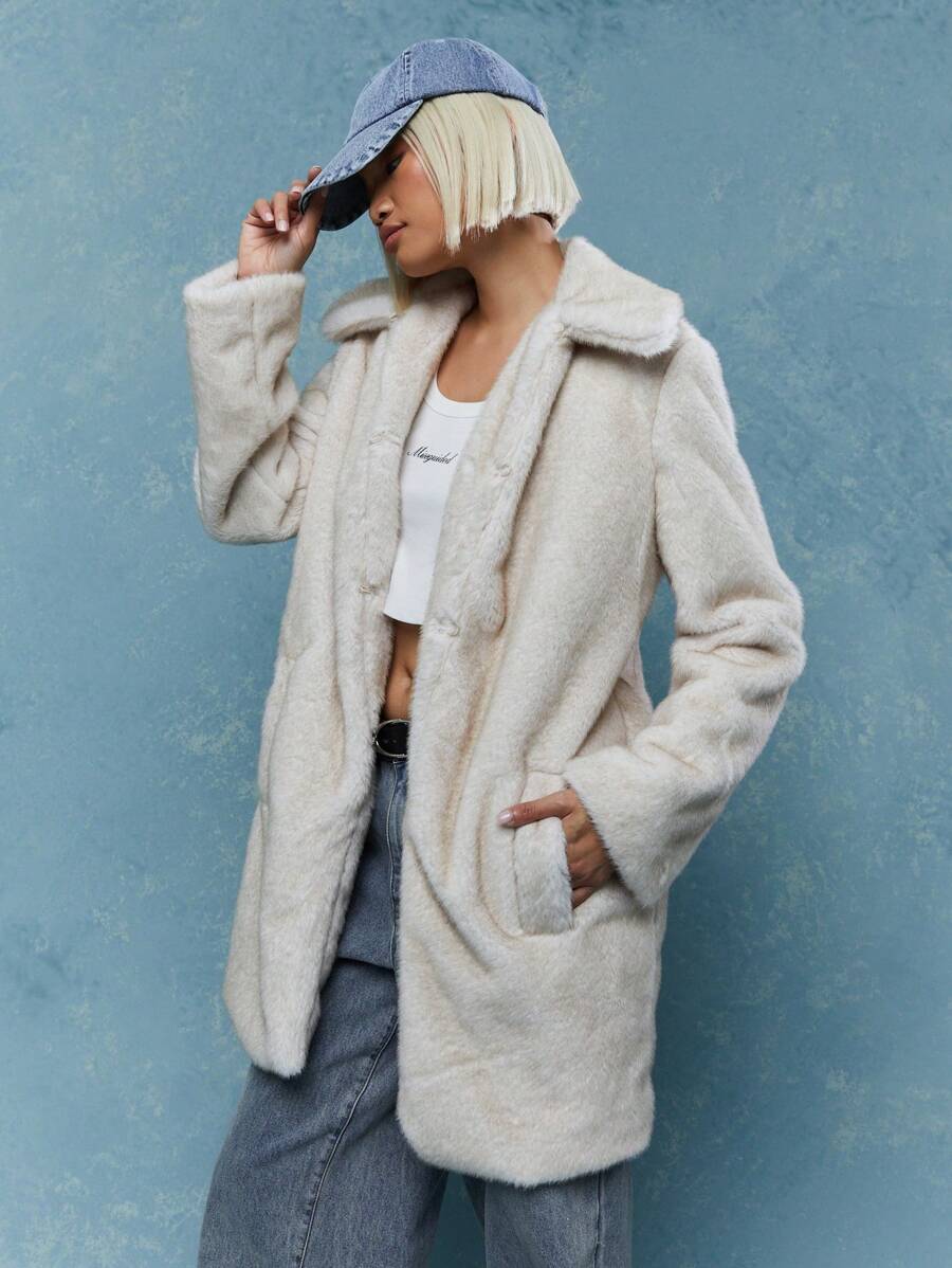 MISSGUIDED Lapel Collar Fluffy Long Coat With Pockets Winter Wear - Beige - View 1