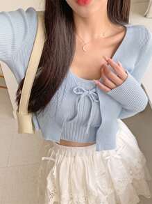 DAZY 2pcs Women Solid Color Spaghetti Strap Camisole And Front Tie Crop Top Set,Fall Clothes - Blue - View 2