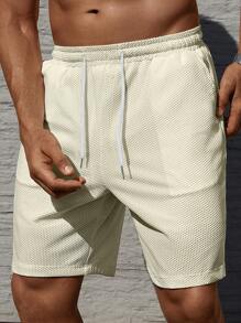 Manfinity Homme Men Solid Color Jacquard Knit Elastic Waist Shorts - Beige - View 5
