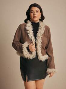 Elaquor Jachetă Fuzzy Patchwork de mărimi mari, toamnă/iarnă - Cămilă - Vizualizare 2