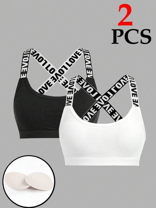 SHEIN Girlism 2pcs Elastic Strap Letter Printed Padded Sports Bra Set For Teen Girls