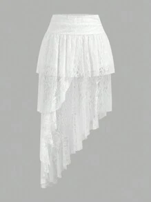 Aloruh Wedding Lace Skirt, Elegant Vacation Skirt, Low Waist Multi-Layer Ruffles With Asymmetrical Hem, Flattering And Elongating Skirt