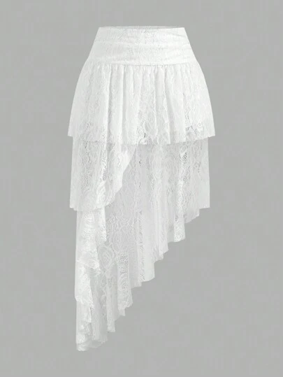 Auralis Plus-Size Women's Spring/Summer Fashionable, Elegant, Comfortable Irregular Lace Midi Skirt With Shorts Lining,Women Bottom,Y2k Clothes,Music Festival Costumes,Valentine's Day Outfits,Dating Outfits, Spring Break Outfits