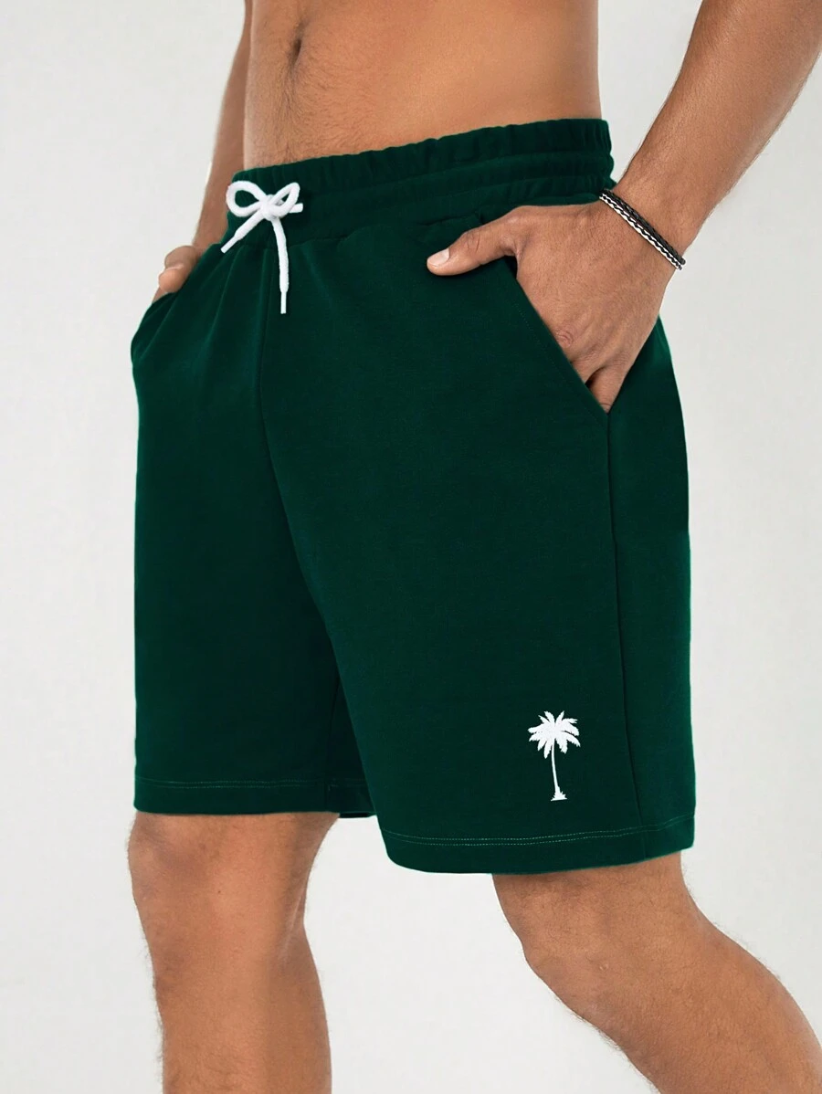 RueChic Men's Palm Tree Printed Drawstring Waist Fashionable Casual Shorts - Dark Green - View 1