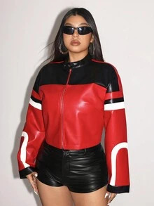 SHEIN ICON Cộng với kích thước tương phản màu sắc áo khoác xe máy cắt xén PU - Đỏ - Xem 5