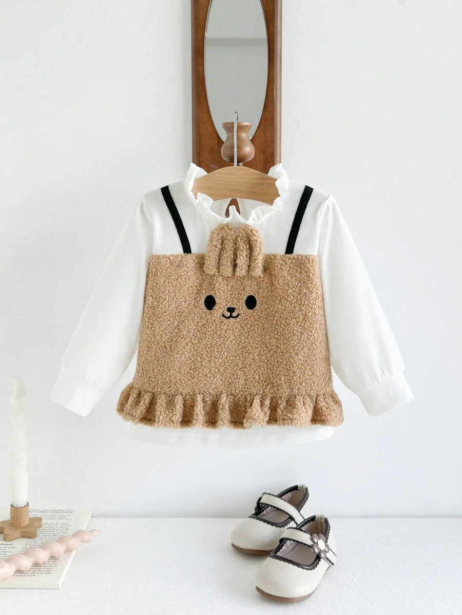 Toddler Girls' Fuzzy Bunny Embroidered Elegant Casual Pullover Top, Suitable For Outing, Party, Holiday - Multicolor - View 1