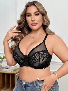 1pc Plus Size Women Lace Front Closure Wire Bra, Lingerie - Black - View 7