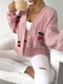 SHEIN Unity Women's Casual Cardigan With Cherry Decor, For Autumn And Winter Fall Cloth For Women - Pink - View 6