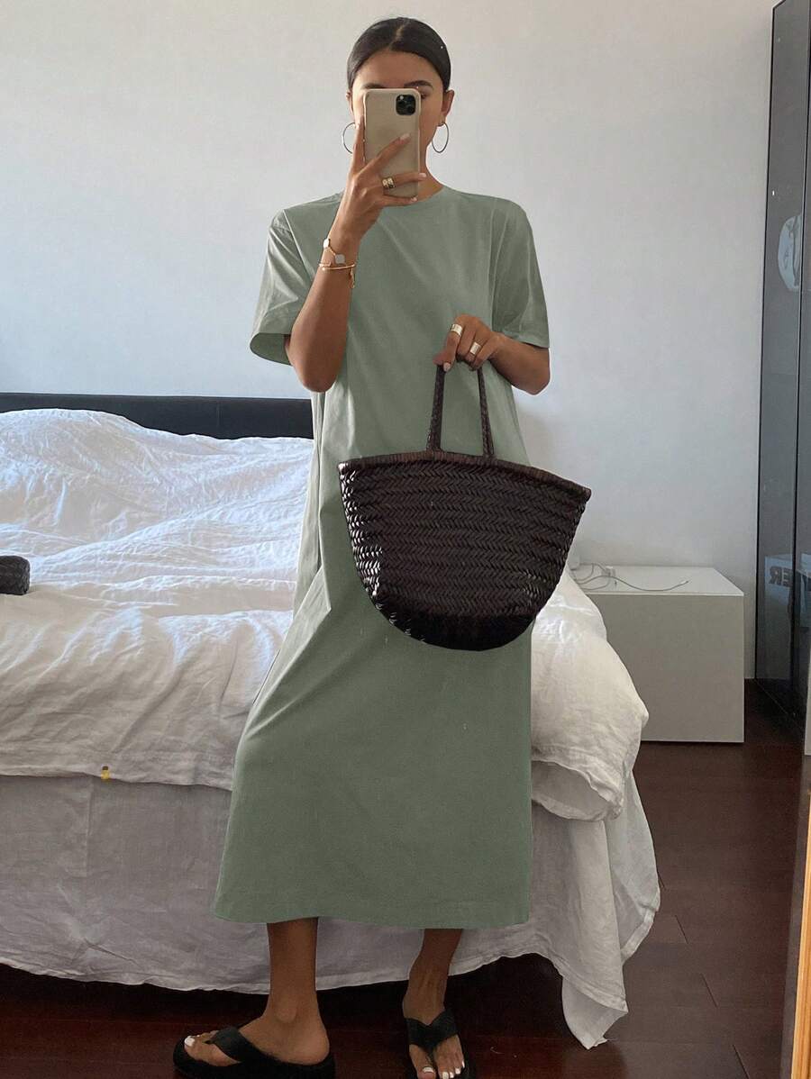 Livesso Women's Round Neck Short Sleeve Solid Color Simple Fashion Elegant Dress Sundress - Green - View 1