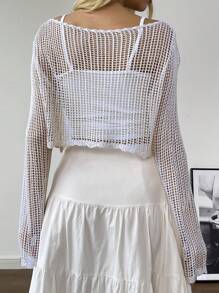 SHEIN Unity Hollow Out Knitted Cropped Casual Cardigan, Spring-Summer Fall Cloth For Women - Mauve Purple - View 2