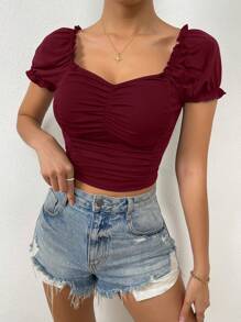 Calvaya Ruched Front Sweetheart Neck Puff Sleeve Crop Tee