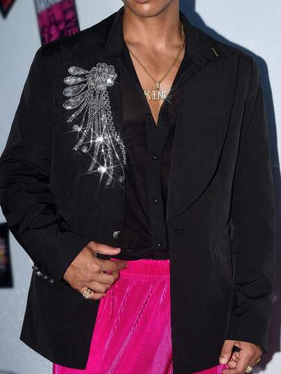 Manfinity VCAY 1pc Men Y2K Funny Gorgeous Woven Basic Casual Fit High Street Vintage Style Halloween Black Blazer, Back To School, Fall, Winter