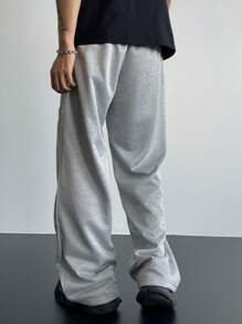 Manfinity EMRG 男士纯色休闲日常拼接长裤，返校、外出长款宽松浅灰色抽绳运动裤，适合丈夫、男朋友的礼物 - 淺灰色 - 查看 2