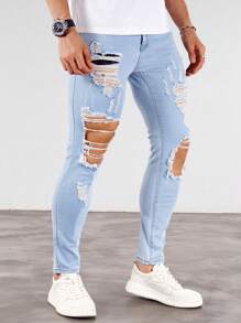Manfinity Homme Men Pocket Ripped Casual Denim Skinny Trousers