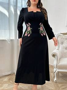 Modelyn Vestido de manga larga con cuello cuadrado, decoración de bordado de flores, para uso diario, para mujer talla grande. Vestidos largos para uso casual, de fiesta, boda o eventos de noche.
