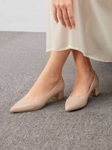 CUCCOO BIZCHIC Women Point Toe Chunky Heeled Valentine Days Day Elegant Beige Court Pumps For Summer Graduation Heels Prom Heels Vacation Shoes Summer Back To School Shoes College Student Shoes Elegant Basics Business Casual Business Chic Spring Shoes Spring Break Easter