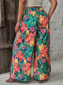 SHEIN VCAY Pantalones palazzo anchos informales de talla grande con estampado tropical - Multicolor - Ver 2