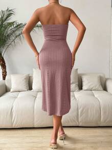 Chiquease Solid Color Bustier Pleated High Slit Casual Dress - Pink - View 2