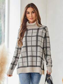 EMERY ROSE Women's Turtleneck Long Sleeve Jacquard Plaid Sweater - Multicolor - View 3