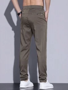 Men's Casual Solid Color Tapered Pants With Detailed Pockets - Coffee Brown - View 2