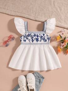 Holiday,Summer,TravelTween Girls Floral Print Square Collar Ruffle Hem Blouse, Summer - Blue - View 1