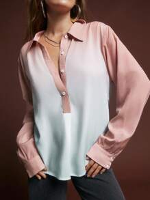 SHEINNeu Women Contrast Color Simple Button-Up Long Sleeve Shirt Pink And Blue,Autumn,Elegent,Office Fall Tops Women's Clothing Back To School Tween Girls - Multicolor - View 6