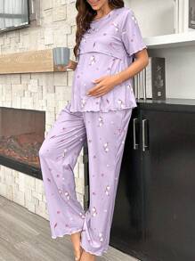 孕妇花卉哺乳短袖上衣和裤子睡衣套装