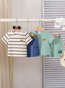 SHEIN 4件套男童/女童夏季韩版休闲可爱卡通条纹印花短袖T恤和松紧腰短裤套装 - 藍色 - 查看 3