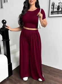 Auralis Plus-Size Summer Women's Casual Top & Wide-Leg Pants Summer Sets Spring - Burgundy - View 4