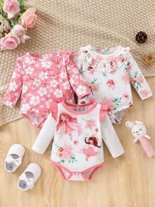 Baby Girls  Fairy Floral Pattern Front Sleeves Ruffled Long Sleeves Three-Piece Bodysuit