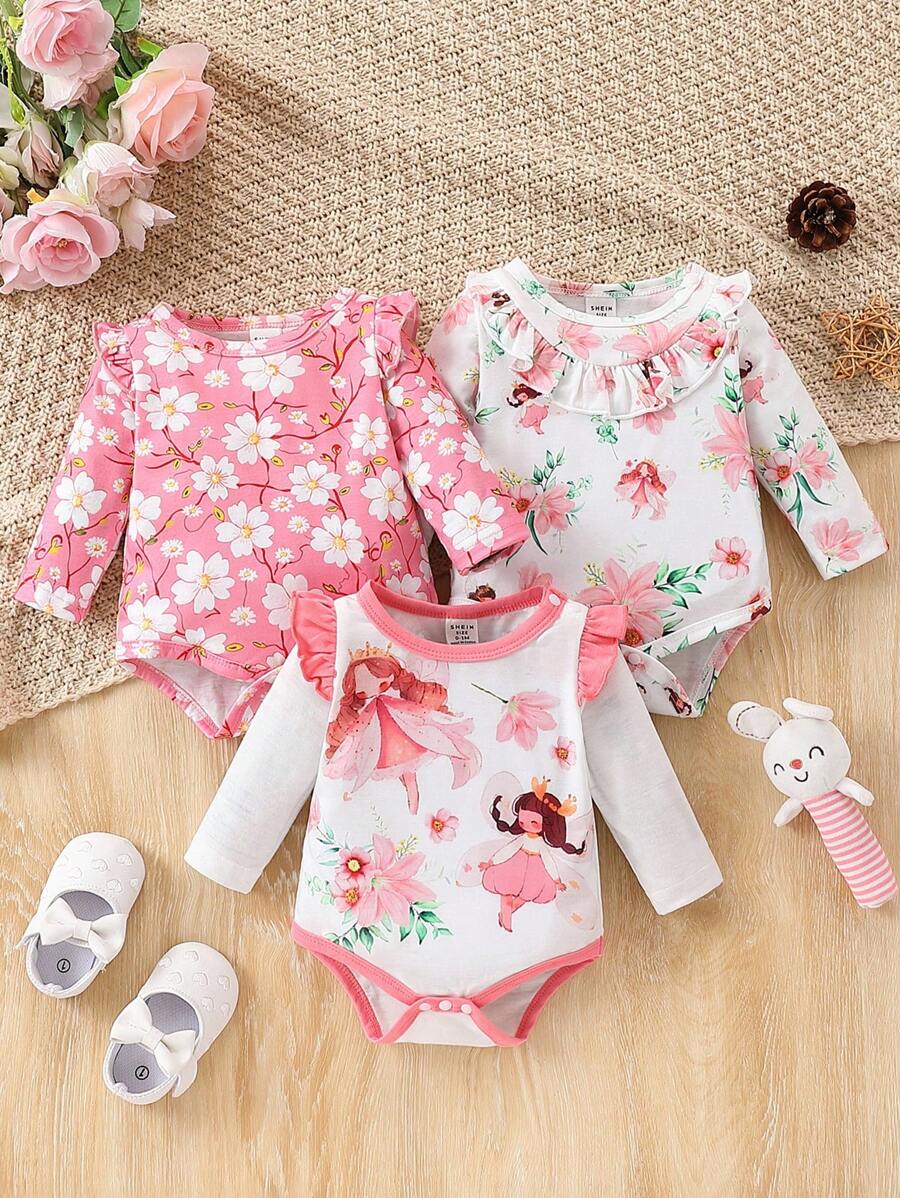 Baby Girls  Fairy Floral Pattern Front Sleeves Ruffled Long Sleeves Three-Piece Bodysuit