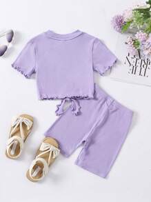 SHEIN 2pcs/Set Young Girl's Knitted Twist Knot Short Sleeve Tee And Knitted Cycling Shorts In Solid Color - Purple - View 2