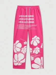 ROMWE MEN ROMWE Avant Pantaloni de sport pentru bărbați, cu imprimeu floral, cu snur, școală - Roz - Vizualizare 1