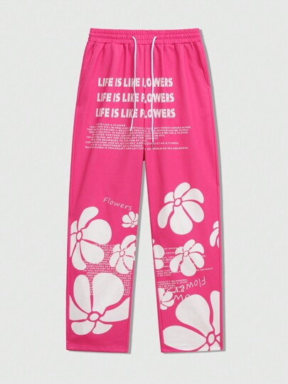 ROMWE Avant Pantalón de chándal con cordón estampado floral y letras para hombre, escuela