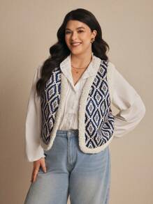 Elaquor Plus Size Women's Retro White Eclectic Hiking Printed Plush Sleeveless Jacket,Blue Flannel Fleece Waistcoat,National Wind Simple Vest,Warm Fall/Winter - Multicolor - View 1