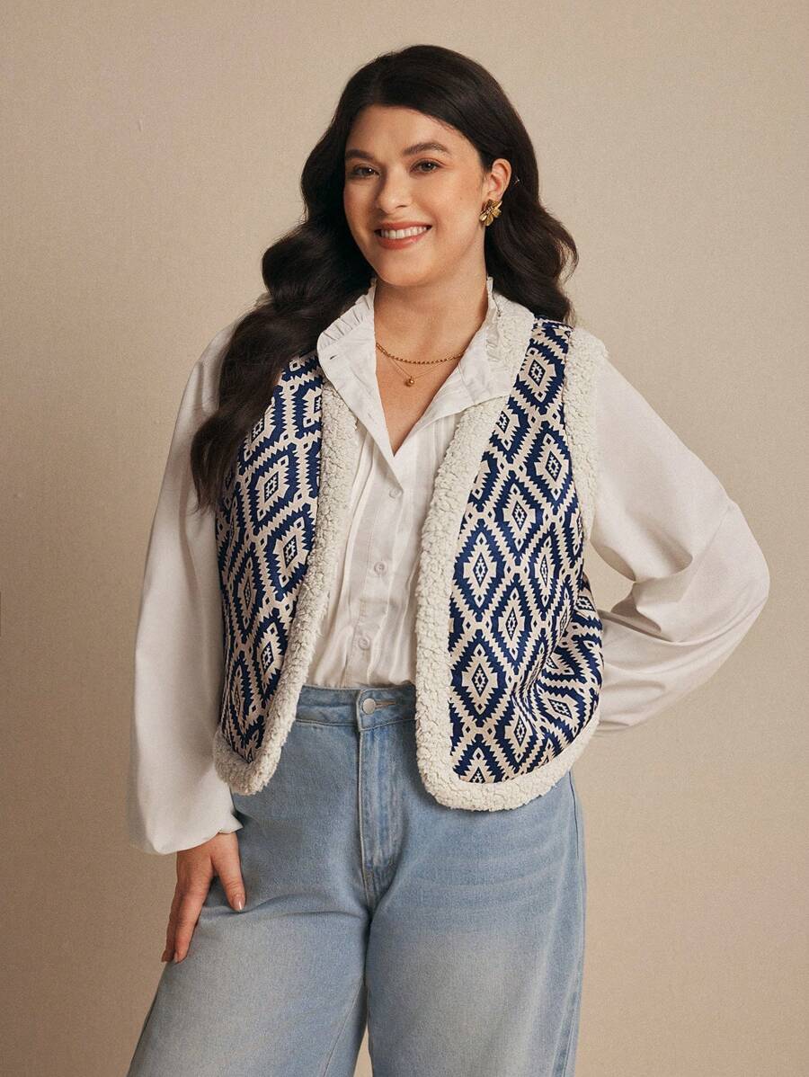 Elaquor Plus Size Women's Retro White Eclectic Hiking Printed Plush Sleeveless Jacket,Blue Flannel Fleece Waistcoat,National Wind Simple Vest,Warm Fall/Winter - Multicolor - View 1