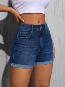 SHEIN Tall Women Solid Color Simple Daily Mid-Rise Skinny Denim Shorts - Medium Wash - View 5
