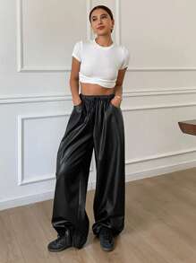 DAZY Pantalones rectos holgados de unicolor de PU con cordón en la cintura y bolsillos para mujeres - Negro - Ver 5