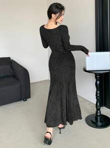 DAZY Women Banquet/Back To School Plush Round Neck Long Sleeve Fishtail Midi Dress,Ruffle,Fall Clothes - Black - View 5