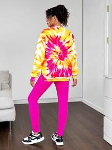 SHEIN Leap Crew 2 件青少年女孩扎染宽松运动衫和紧身裤休闲装 - 彩色 - 查看 3