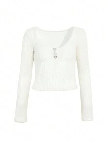 DAZY 女士圆领镂空长袖柔软甜美优雅魅力时尚T恤秋装 - 白色 - 查看 9